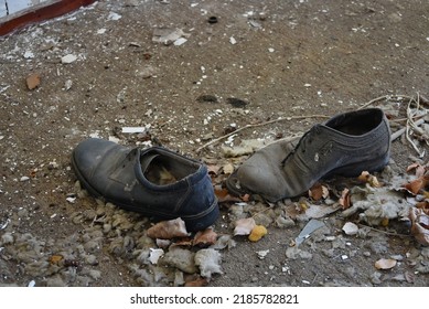 Pair Of Old Torn Shoes In Abandoned House