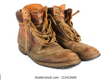 Pair Of Old Worn Brown Leather Work Boots On White