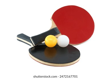 Pair of ping pong paddles and a ping pong ball isolated on white background, table tennis equipment