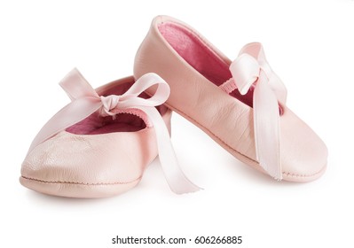 Pair Of Pink Ballet Shoes With Bowknot For Newborn Baby. Isolated On A White Background Close Up.