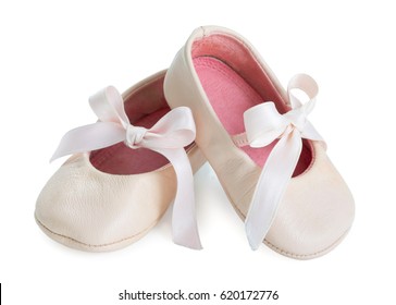 Pair Of Pink Ballet Shoes With Bowknot For Newborn Baby. Isolated On A White Background Close Up.