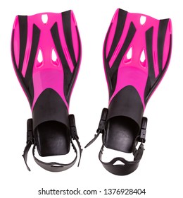 Pair Of Pink Flippers For Diving, On A White Background, Isolate