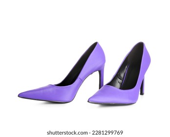 Pair of purple high heeled shoes on white background - Shutterstock ID 2281299769