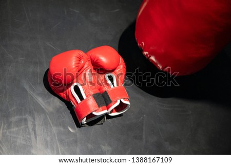 Pair of red boxing gloves in Boxing ring