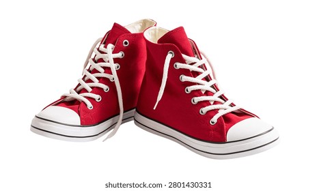 Pair of red canvas high top sneakers with white laces and rubber soles