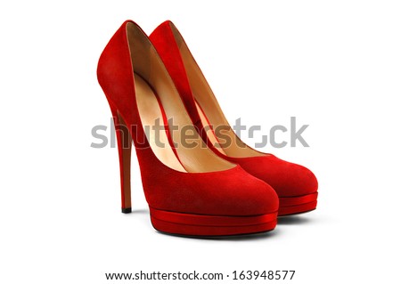 A pair of red female shoes on a white background.
