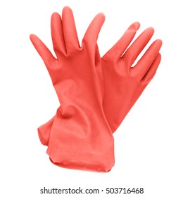 Pair Of Red Rubber Cleaning Gloves Isolated On A White Background