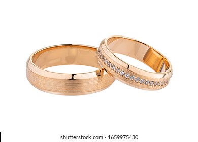 Pair Of Rose Gold Wedding Rings With Diamonds And Matte Surface Isolated On White. Golden Wedding Ring Bands