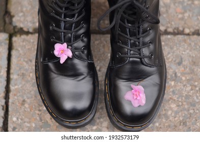 A pair of rough black lace-up shoes stand on the concrete floor, on each shoe is a pink violet flower, a symbol of the juxtaposition of roughness and tenderness, love will save the world. Side view.