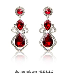 Pair Of Ruby Diamond Earrings Isolated On White