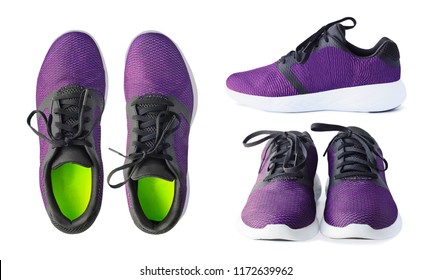 Pair of running purple sneakers isolated on white background. Top, side and front views of sport shoes