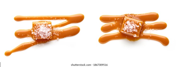 A pair of Salty Caramel candies with sweet sauce top view isolated on white backgrund