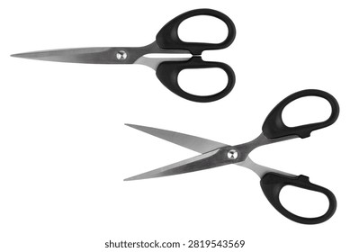 A pair of scissors, shown both closed and open, isolated on a white background.