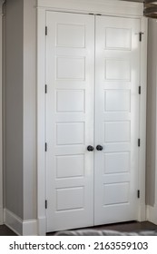 A pair or set of two white painted hall entry closet closed five panel doors in a new construction house with greige walls.