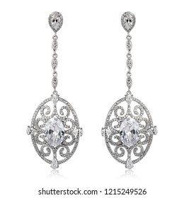 Pair Of Silver Diamond Earrings Isolated On White Background