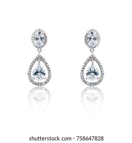 Pair Of Silver Diamond Earrings Isolated On White Background