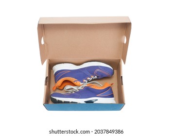 Pair Of Sneakers Inside Shoe Box On White Background