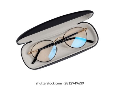 Pair of spectacles in hard case isolated on white background
