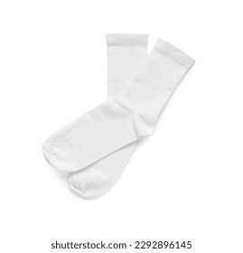 Pair of stylish clean socks isolated on white, top view