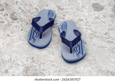Un par de chanclas elegantes en un piso de hormigón. Las chanclas son un tipo de zapato ligero, similar a una sandalia, que generalmente se usa como calzado casual.