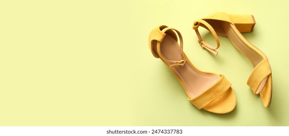 Pair of stylish high heeled sandals on light green background with space for text