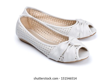 Pair Of Summer White Leather Womens Shoes Isolated On White 