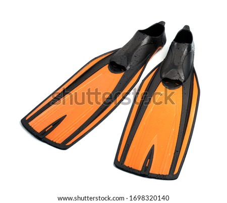 Pair of swim fins with water drops. Isolated on white background.