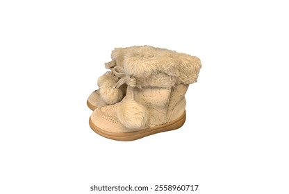 A pair of tan baby boots with a faux fur lining and pom-poms on the laces. The boots appear to be made of suede or a similar material. - Powered by Shutterstock