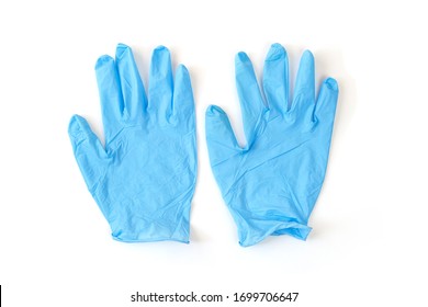 A Pair Of Thin Blue Medical Latex Gloves Disposable Rubber Medical Gloves. Protective Subjects. Remedies.