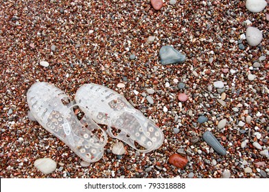 Pair Of Transparent Retro Jelly Sandals On Sandy Beach