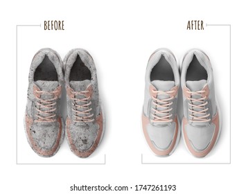 Pair Of Trendy Shoes Before And After Cleaning On White Background, Top View