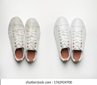 Pair Of Trendy Shoes Before And After Cleaning On White Background, Top View