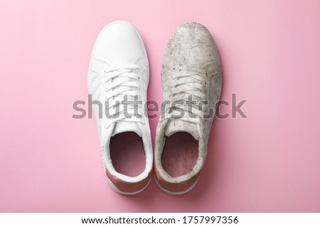 Pair of trendy shoes before and after cleaning on pink background, top view