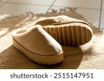 A pair of Uggs slippers on a jute rug.