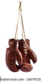 Pair Of Vintage Brown Leather Boxing Gloves Hanging From A Hook By Their Laces, Isolated On White