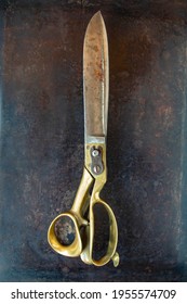 Pair Of Vintage Shears On Dark Background Close Up Top View 