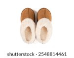 Pair of warm female slippers isolated on white background. top view.