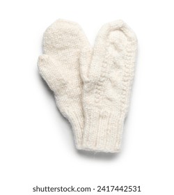 Pair of warm knitted mittens on white background
