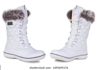 A pair of white leather suede woolen woman winter boots. Two isolated