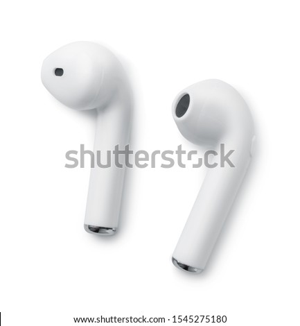 Pair of white wireless earbuds isolated on white
