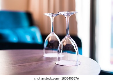 Pair Of Wine Glasses Upside Down In Hotel Room Table, Room Service