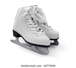 Pair Of Women's White Figure Ice Skates Isolated On White