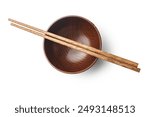 Pair of wooden chopsticks and wooden bowl isolated on a white background.