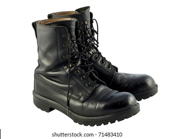 A Pair Of Worn Black British Army Issue Combat Boots