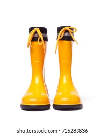 Pair Of Yellow Children Rain Boots Isolated On White Background