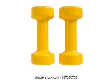 pair of yellow dumbbells Isolated on white background - Shutterstock ID 667230703