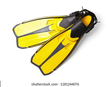 Pair of yellow flippers on white background, top view