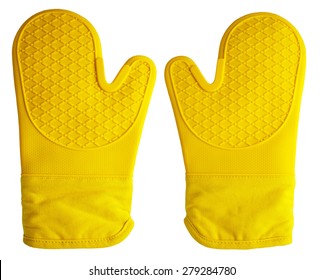 Pair Of Yellow Oven Gloves On An Isolated White Background With A Clipping Path