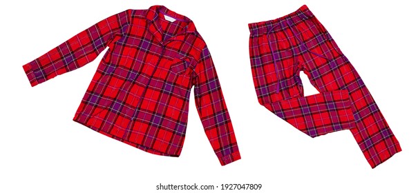 Pajamas Set On White Background, Women's Plaid Pajama Pants And A Red Shirt.  On White Background Close Up