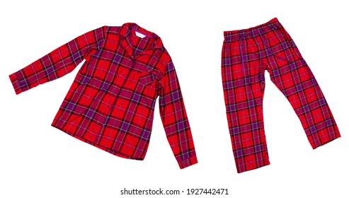 Pajamas Set On White Background, Women's Plaid Pajama Pants And A Red Shirt.  On White Background Close Up